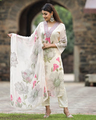 SONIKA WHITE  COLOURED  WOMEN'S GEORGETTE  EMBROIDERED  KURTA WITH PANT DUPATTA  SET