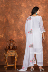 SUCHI WHITE COLOURED  WOMEN'S  HEAVY FAUX GEORGETTE  EMBROIDERED  KURTA WITH PANT DUPATTA  SET
