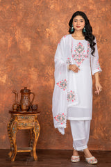 SUCHI WHITE COLOURED  WOMEN'S  HEAVY FAUX GEORGETTE  EMBROIDERED  KURTA WITH PANT DUPATTA  SET