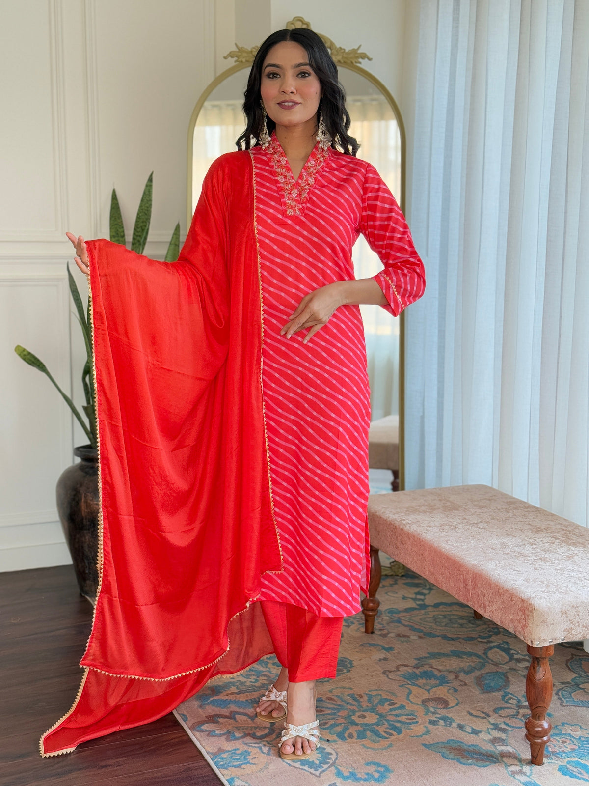 ORANGE  COLOURED  WOMEN'S MUSLIN  EMBROIDERED  KURTA WITH PANT DUPATTA SET