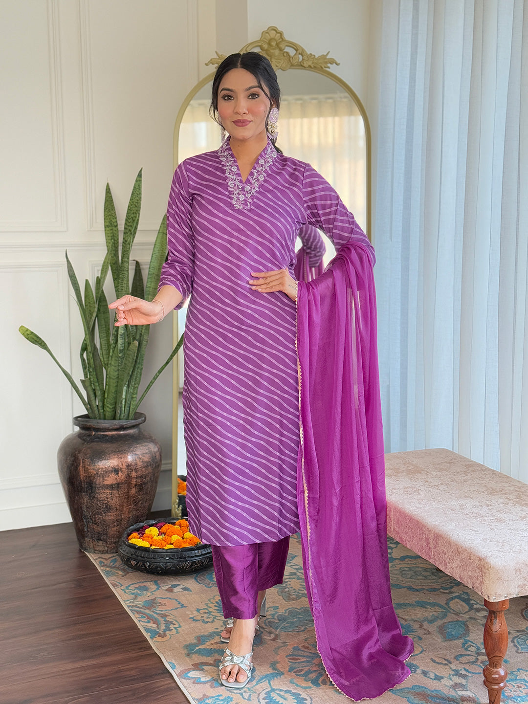 PURPLE   COLOURED  WOMEN'S MUSLIN  EMBROIDERED  KURTA WITH PANT DUPATTA SET