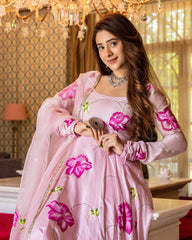 trendy Baby pink Coloured Flaired Kurta With Bottom And Beautifull Dupatta Set
