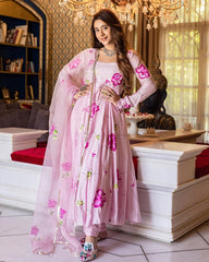 trendy Baby pink Coloured Flaired Kurta With Bottom And Beautifull Dupatta Set