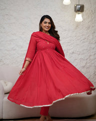 RED COLOURED  WOMEN'S VISCOSE DIAMOND GEORGETTE  EMBROIDERED   KURTA  WITH PANT DUPATTA  SET