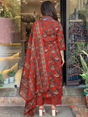 TANVI MAROON COLOURED  WOMEN'S COTTON  EMBROIDERED  KURTA WITH PANT DUPATTA SET
