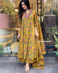 TANVI YELLOW  COLOURED  WOMEN'S VISCOSE CHANDERI EMBROIDERED  KURTA WITH PANT DUPATTA SET