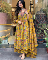 TANVI YELLOW  COLOURED  WOMEN'S VISCOSE CHANDERI EMBROIDERED  KURTA WITH PANT DUPATTA SET