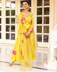 trendy Yellow Coloured Flaired Kurta With Bottom And Beautifull Dupatta Set