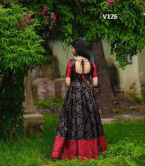 BLACK COLORED JACQUARD GOWN WITH RED JACQUARD BORDER