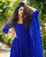 AZURE BLUE COLOR ANARKALI SUIT WITH FLOWER EMBROIDERY BUTI IN TOP AND DUPATTA