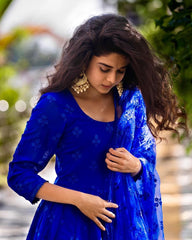 AZURE BLUE COLOR ANARKALI SUIT WITH FLOWER EMBROIDERY BUTI IN TOP AND DUPATTA