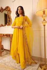 WOMEN YELLOW EMBROIDERED SEQUINNED SILK CHIFFON KURTI WITH TROUSERS