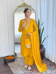 YELLOW COLOURED  WOMEN'S COTTON  EMBROIDERED  KURTA WITH PANT DUPATTA SET