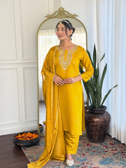 YELLOW COLOURED  WOMEN'S COTTON  EMBROIDERED  KURTA WITH PANT DUPATTA SET