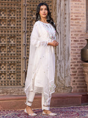 WHITE COLOURED  WOMEN'S VISCOSE CHANDERI  EMBROIDERED  KURTA WITH PANT DUPATTA SET