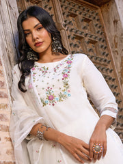 WHITE COLOURED  WOMEN'S VISCOSE CHANDERI  EMBROIDERED  KURTA WITH PANT DUPATTA SET