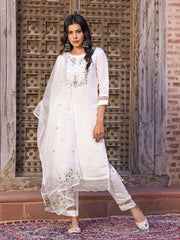 WHITE COLOURED  WOMEN'S VISCOSE CHANDERI  EMBROIDERED  KURTA WITH PANT DUPATTA SET