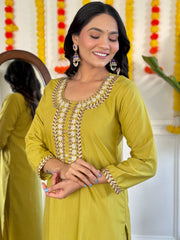 YELLOW COLOURED  WOMEN'S COTTON  EMBROIDERED  KURTA WITH PANT DUPATTA SET