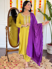 YELLOW COLOURED  WOMEN'S COTTON  EMBROIDERED  KURTA WITH PANT DUPATTA SET