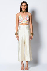 White Dupion Pant Set With Cape