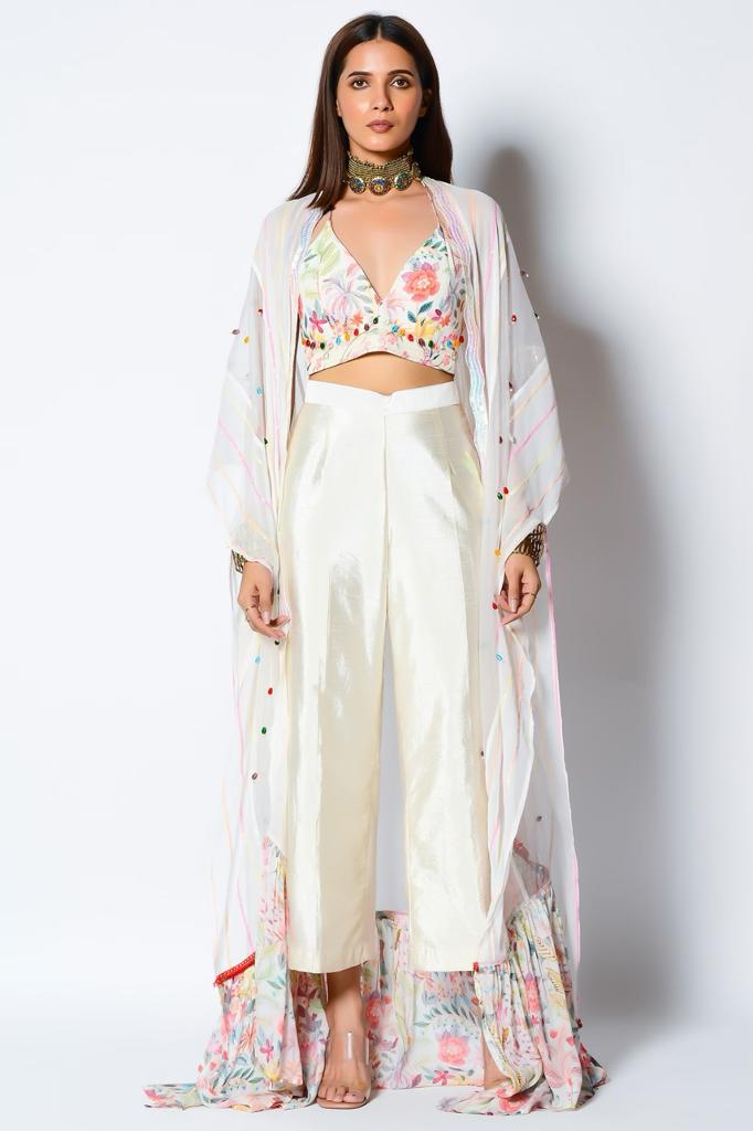 White Dupion Pant Set With Cape