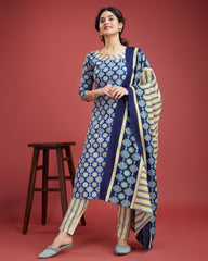 Blue Printed Cotton three peice Kurta set