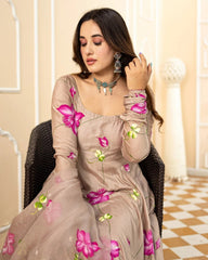 trendy Grey Coloured Flaired Kurta With Bottom And Beautifull Dupatta Set