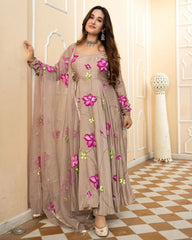 trendy Grey Coloured Flaired Kurta With Bottom And Beautifull Dupatta Set