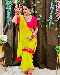 Lime Green Soft Georgette embroidered lace Saree