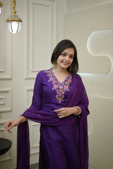 DARK PURPLE COLOURED  WOMEN'S CHANDERI SILK   EMBROIDERED   KURTA  WITH PANT DUPATTA  SET