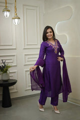 DARK PURPLE COLOURED  WOMEN'S CHANDERI SILK   EMBROIDERED   KURTA  WITH PANT DUPATTA  SET