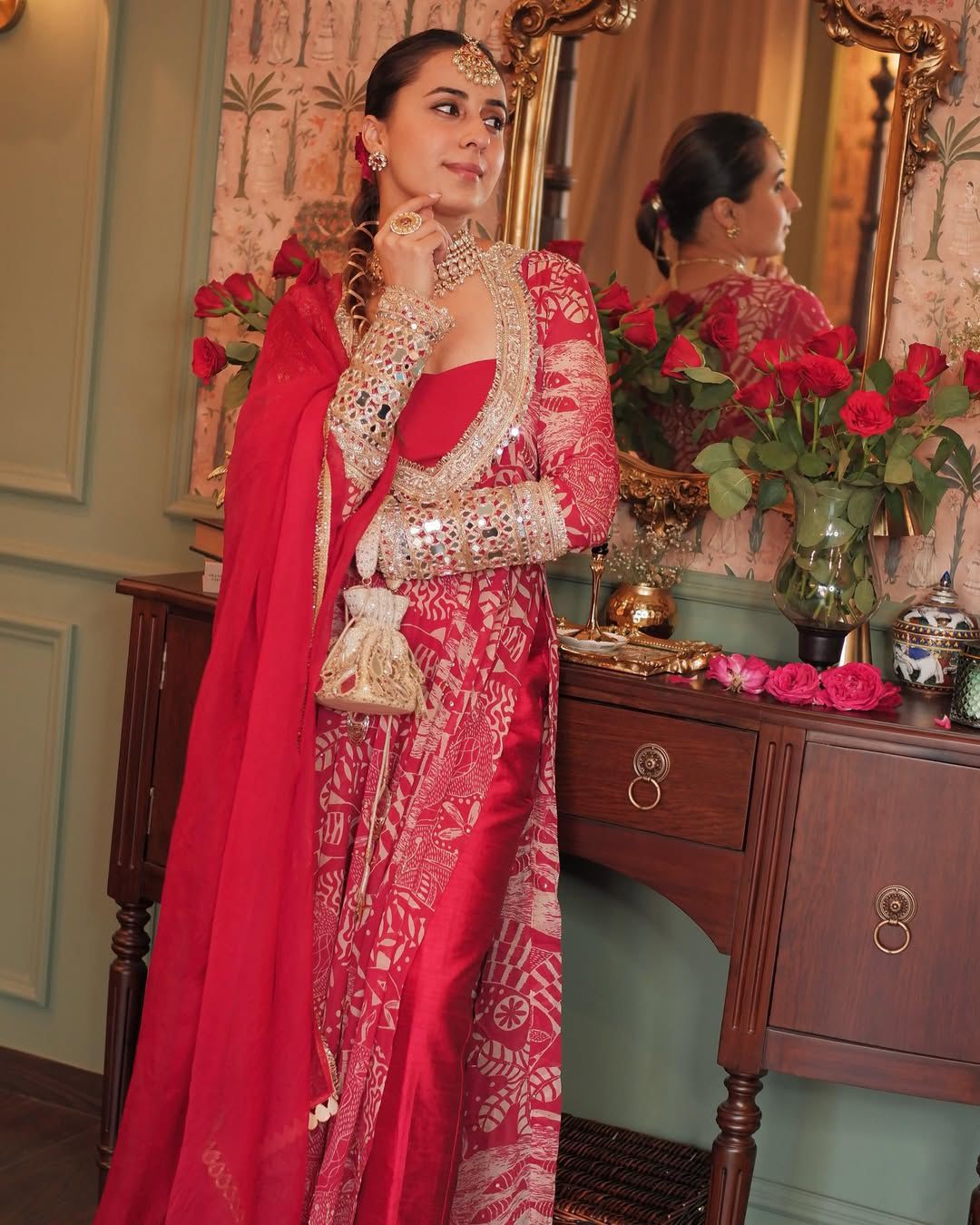 Festive Red  A-lien Set with Gota and Mirror Work