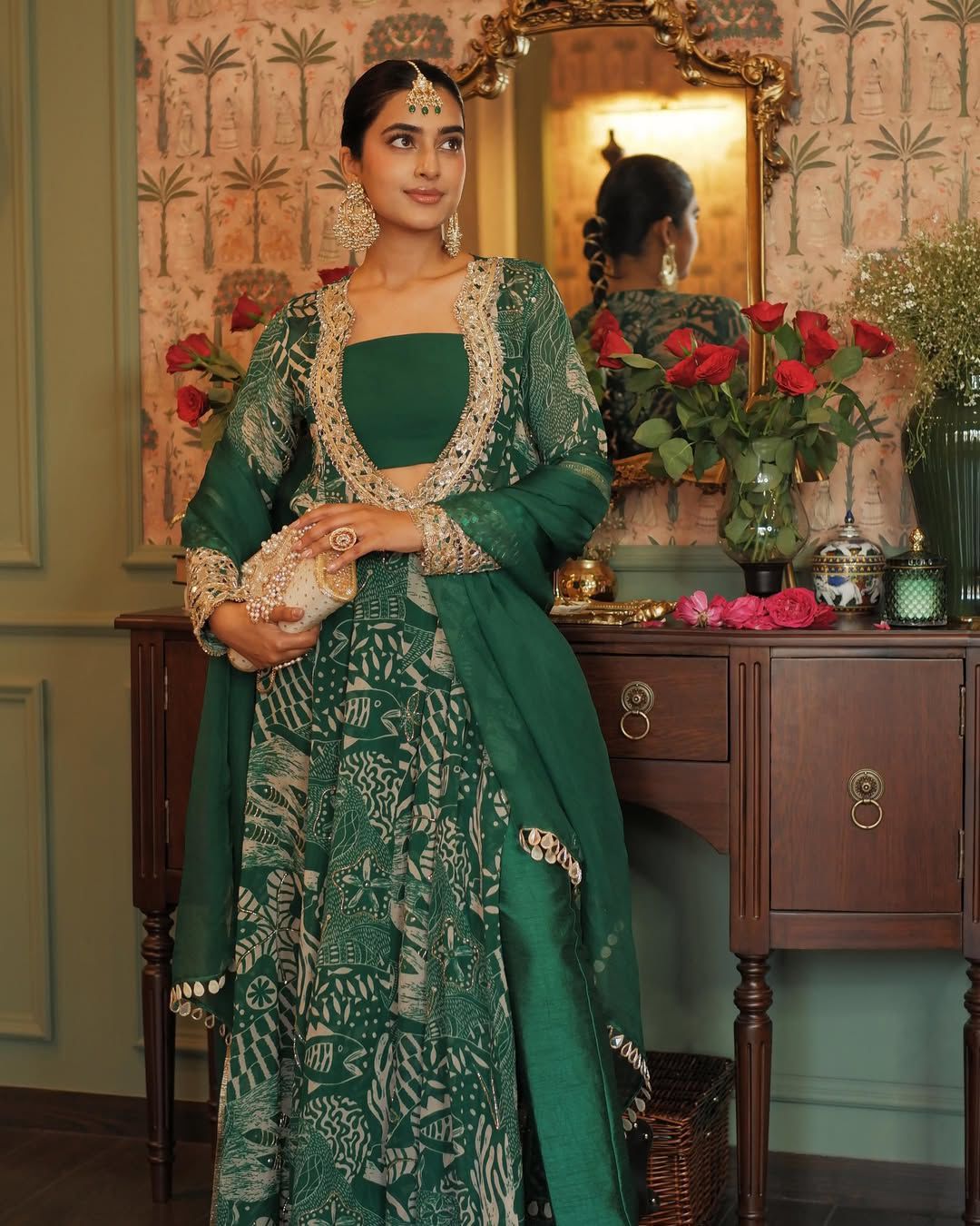 Festive Green Aline Set with Gota and Mirror Work