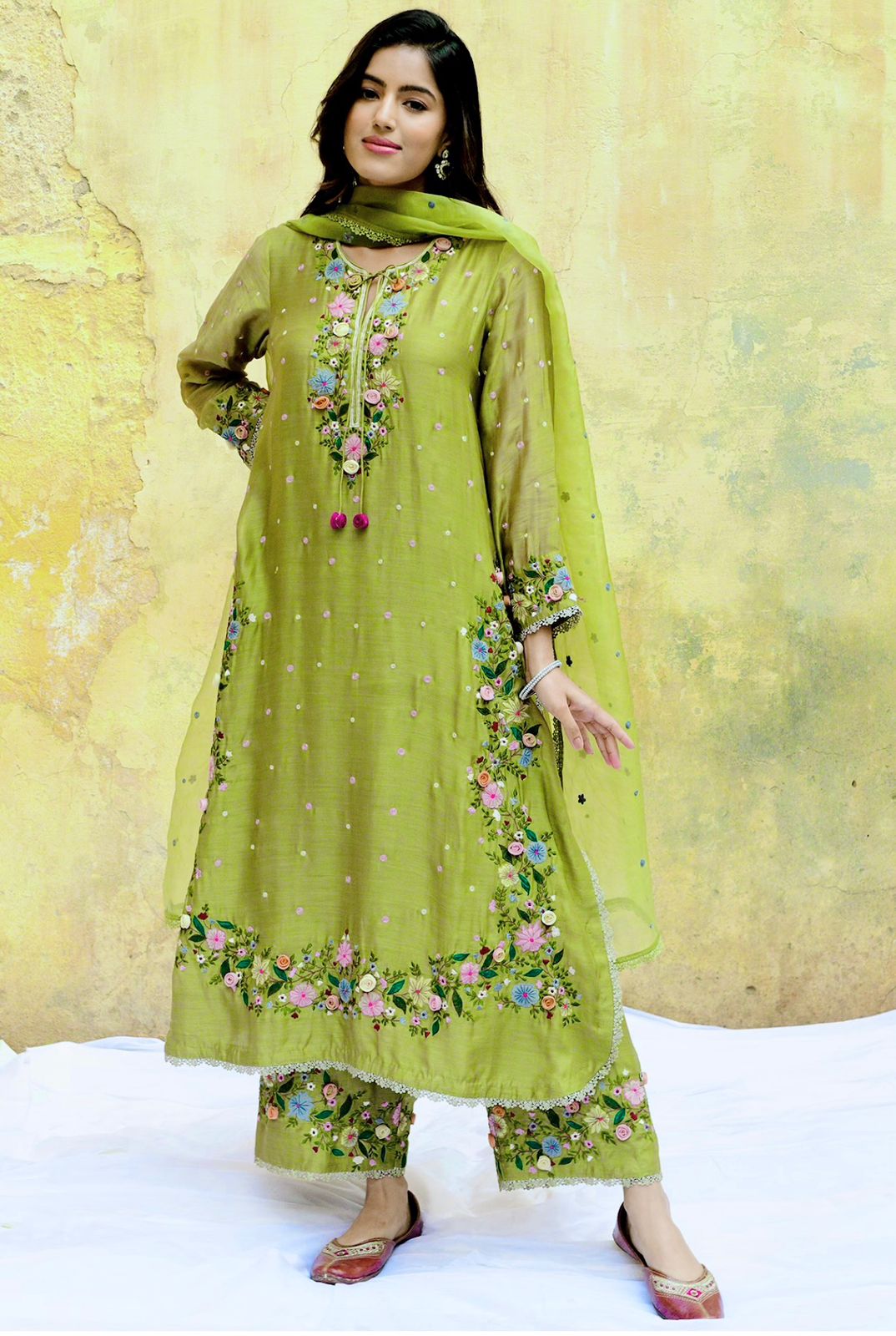 Olive Green Orchid Heavy Long Kurta