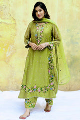 Olive Green Orchid Heavy Long Kurta