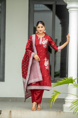 MAROON  COLOURED WOMEN'S POLYSTER  KURTA WITH  DUPATTA SET