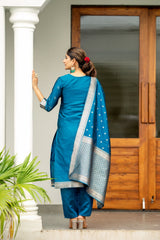 BLUE COLOURED WOMEN'S POLYSTER  KURTA WITH  DUPATTA SET