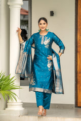 BLUE COLOURED WOMEN'S POLYSTER  KURTA WITH  DUPATTA SET