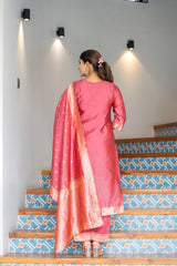 LIGHT PINK COLOURED  WOMEN'S POLYSTER  KURTA WITH  DUPATTA SET