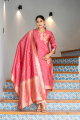 LIGHT PINK COLOURED  WOMEN'S POLYSTER  KURTA WITH  DUPATTA SET