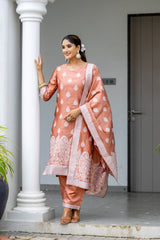 BROWN  COLOURED  WOMEN'S POLYSTER  KURTA WITH  DUPATTA SET