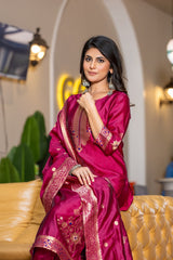 CHERRY COLOURED WOMEN'S POLYSTER  KURTA WITH  DUPATTA SET