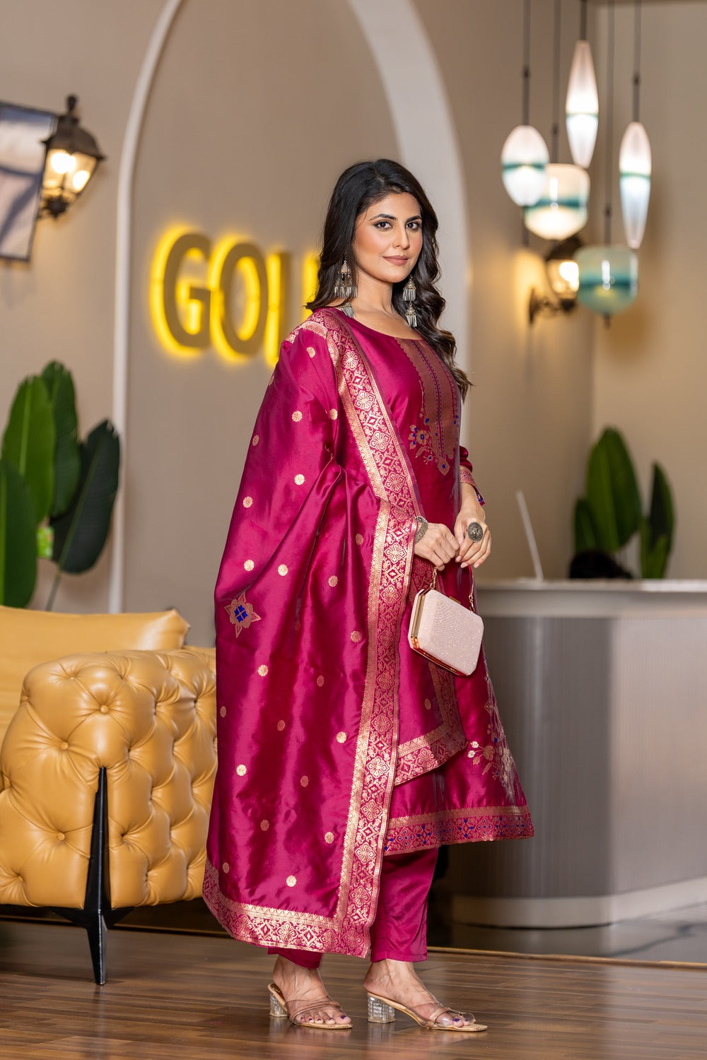 CHERRY COLOURED WOMEN'S POLYSTER  KURTA WITH  DUPATTA SET