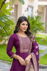WINE COLOURED  WOMEN'S POLYSTER  KURTA WITH  DUPATTA SET