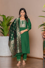 GREEN  COLOURED  WOMEN'S POLYSTER  KURTA WITH  DUPATTA SET