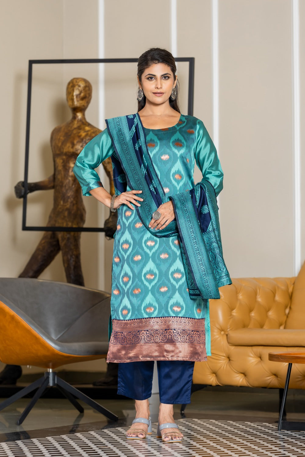 SKY BLUE  COLOURED  WOMEN'S POLYSTER  KURTA WITH  DUPATTA SET