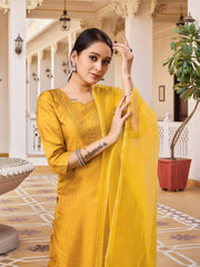 YELLOW COLOURED  WOMEN'S  RAYON SILK  KURTA WITH  DUPATTA SET