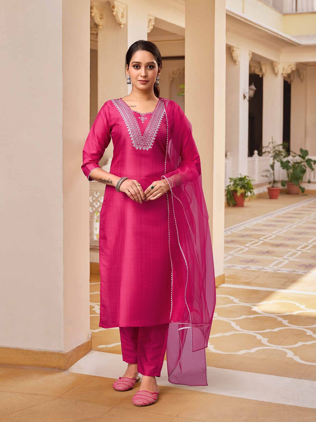 PINK  COLOURED  WOMEN'S  RAYON SILK  KURTA WITH  DUPATTA SET