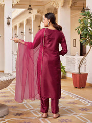 MAROON  COLOURED  WOMEN'S  RAYON SILK  KURTA WITH  DUPATTA SET