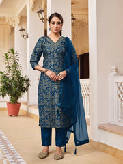 RAMA  COLOURED  WOMEN'S  RAYON SILK  KURTA WITH  DUPATTA SET